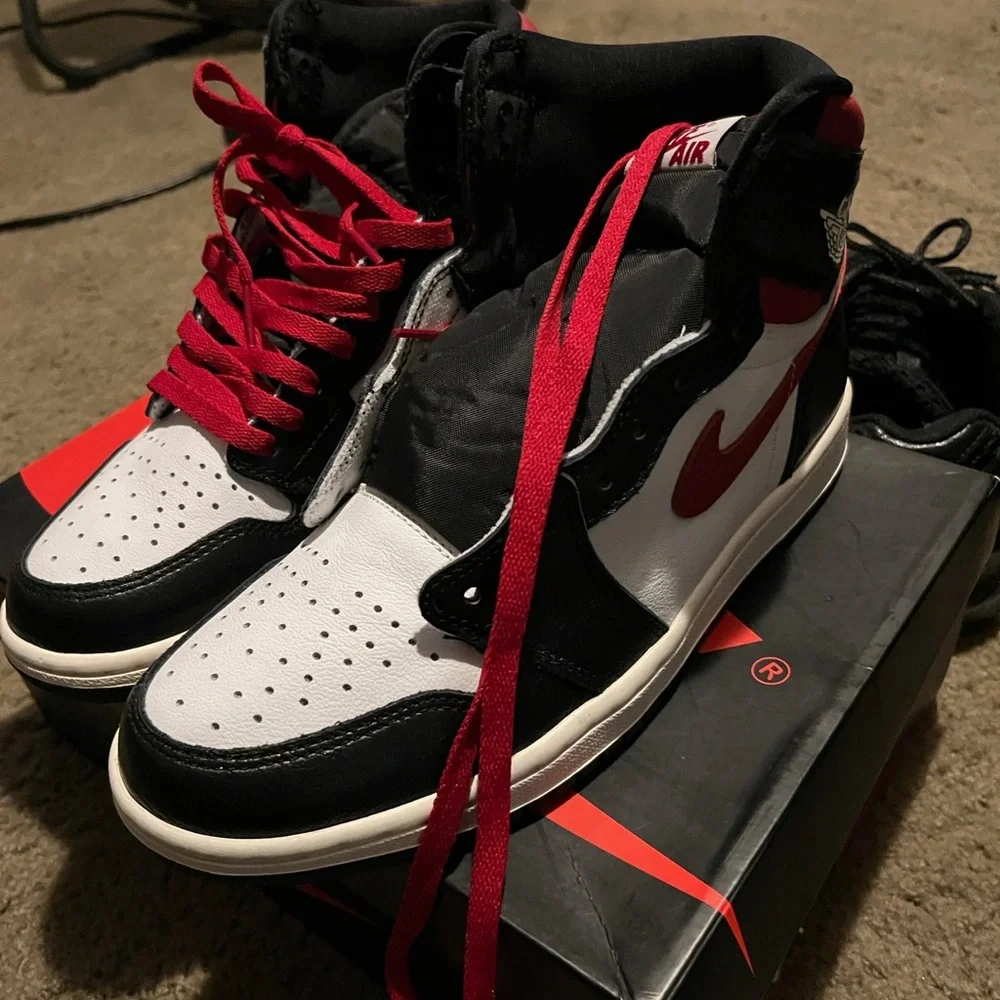 Jordan High-Top Sneakers in Black, White & Red